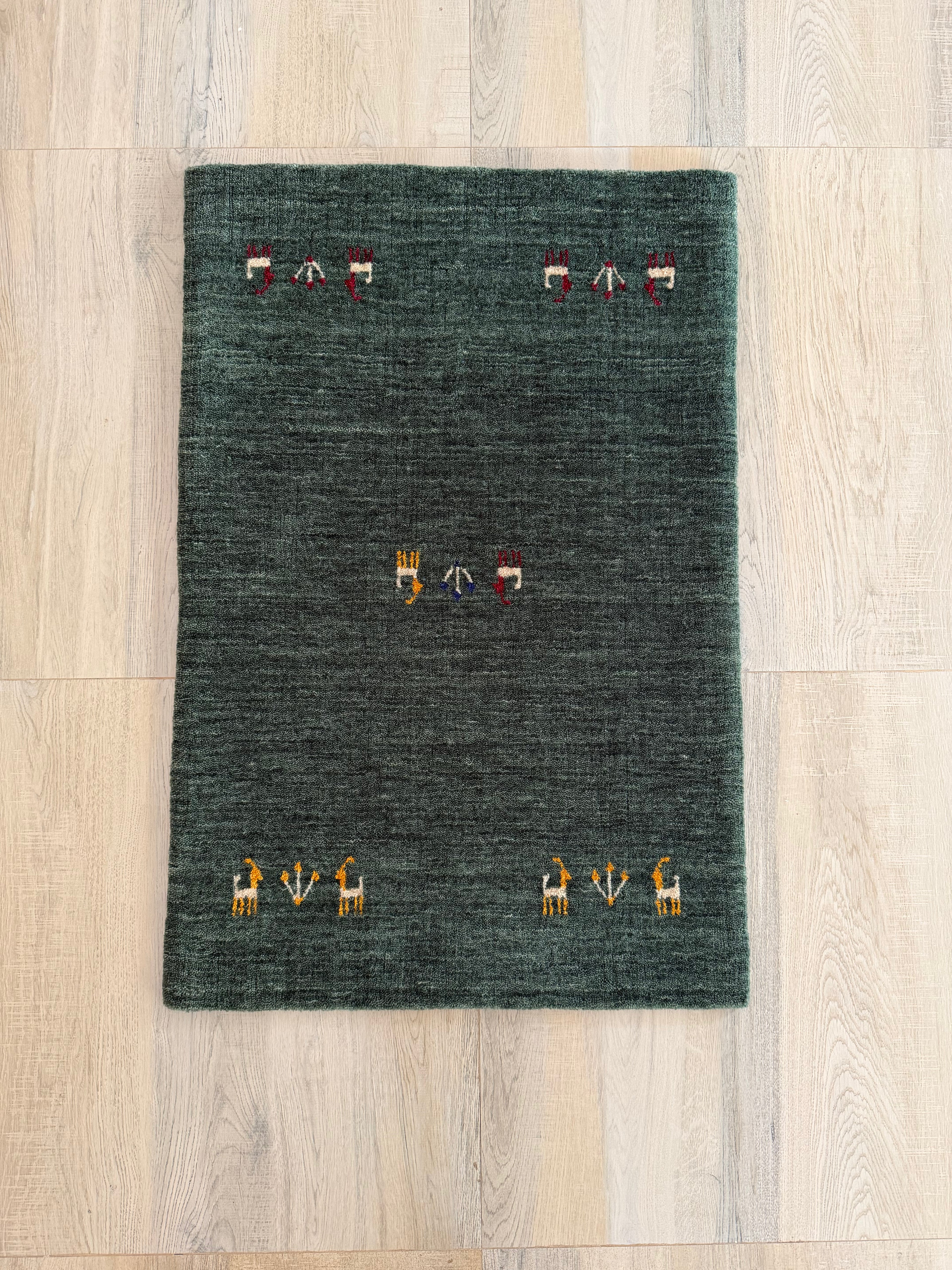Forest Green Handwoven Gabbeh Wool Rug 2x3 ft