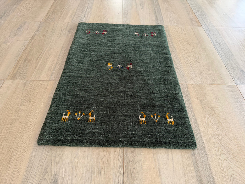 Forest Green Handwoven Gabbeh Wool Rug 2x3 ft