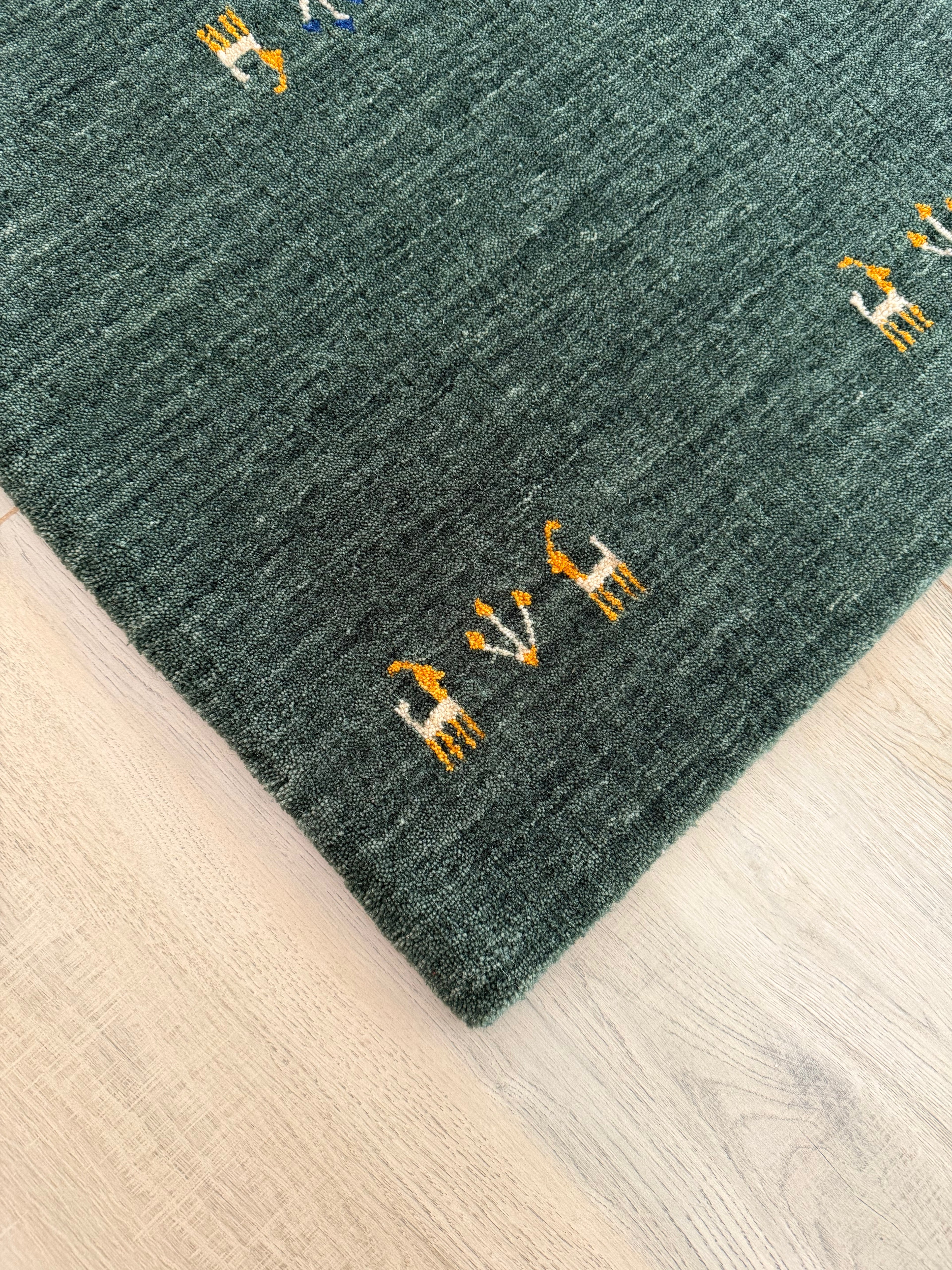 Forest Green Handwoven Gabbeh Wool Rug 2x3 ft