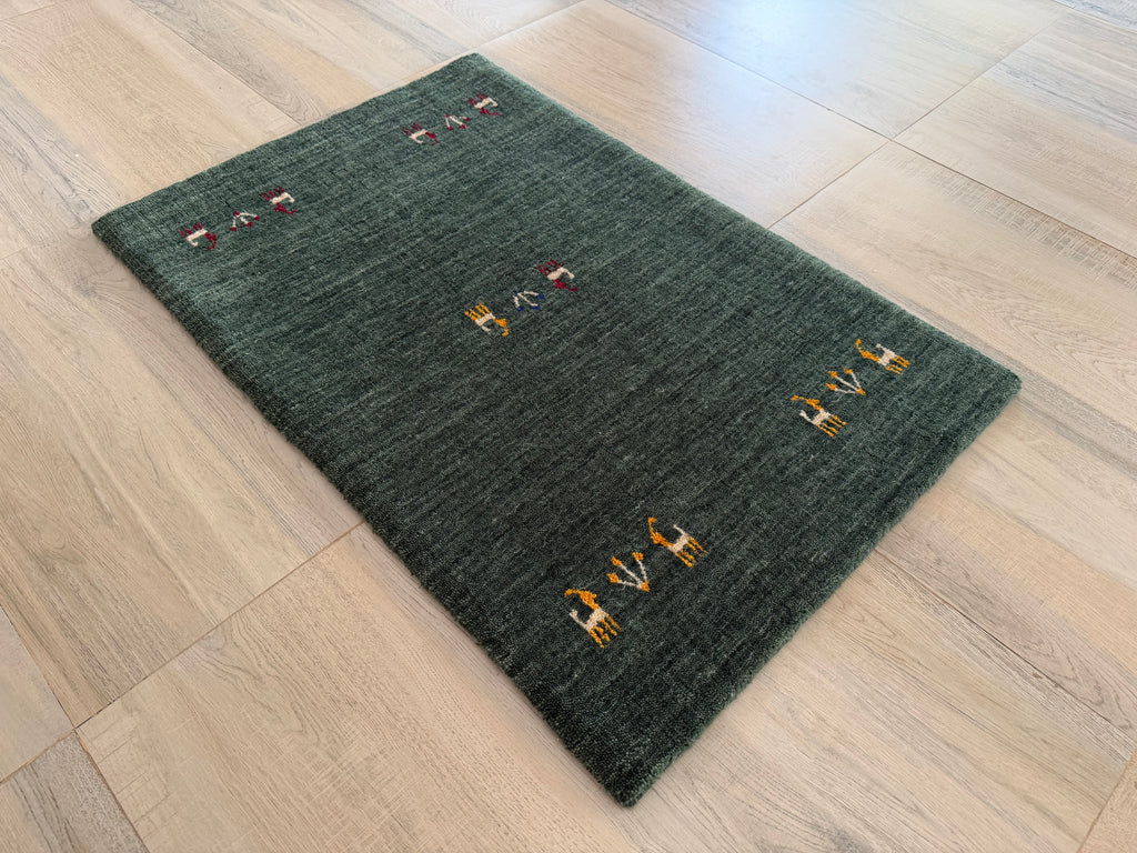 Forest Green Handwoven Gabbeh Wool Rug 2x3 ft