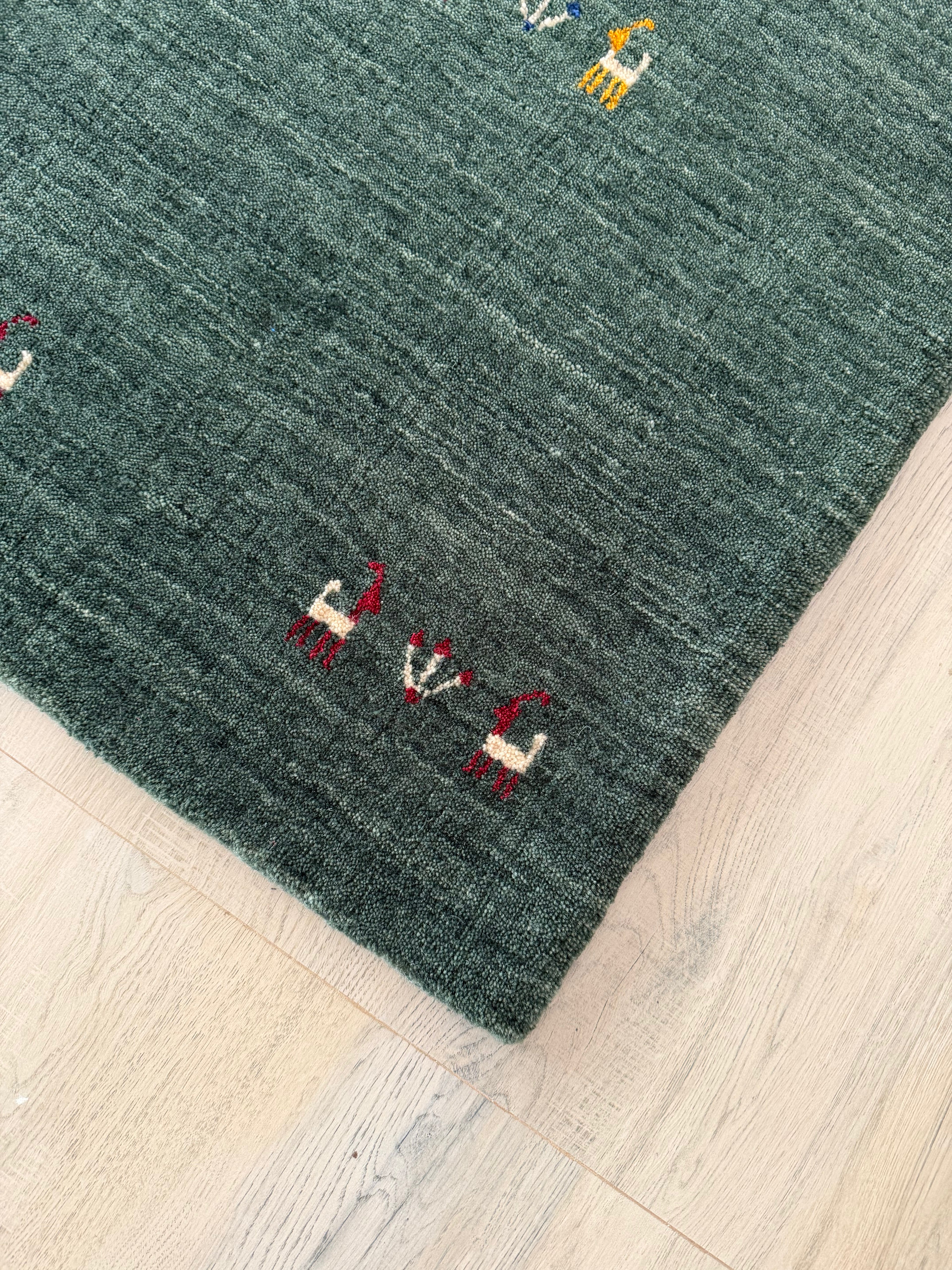 Forest Green Handwoven Gabbeh Wool Rug 2x3 ft